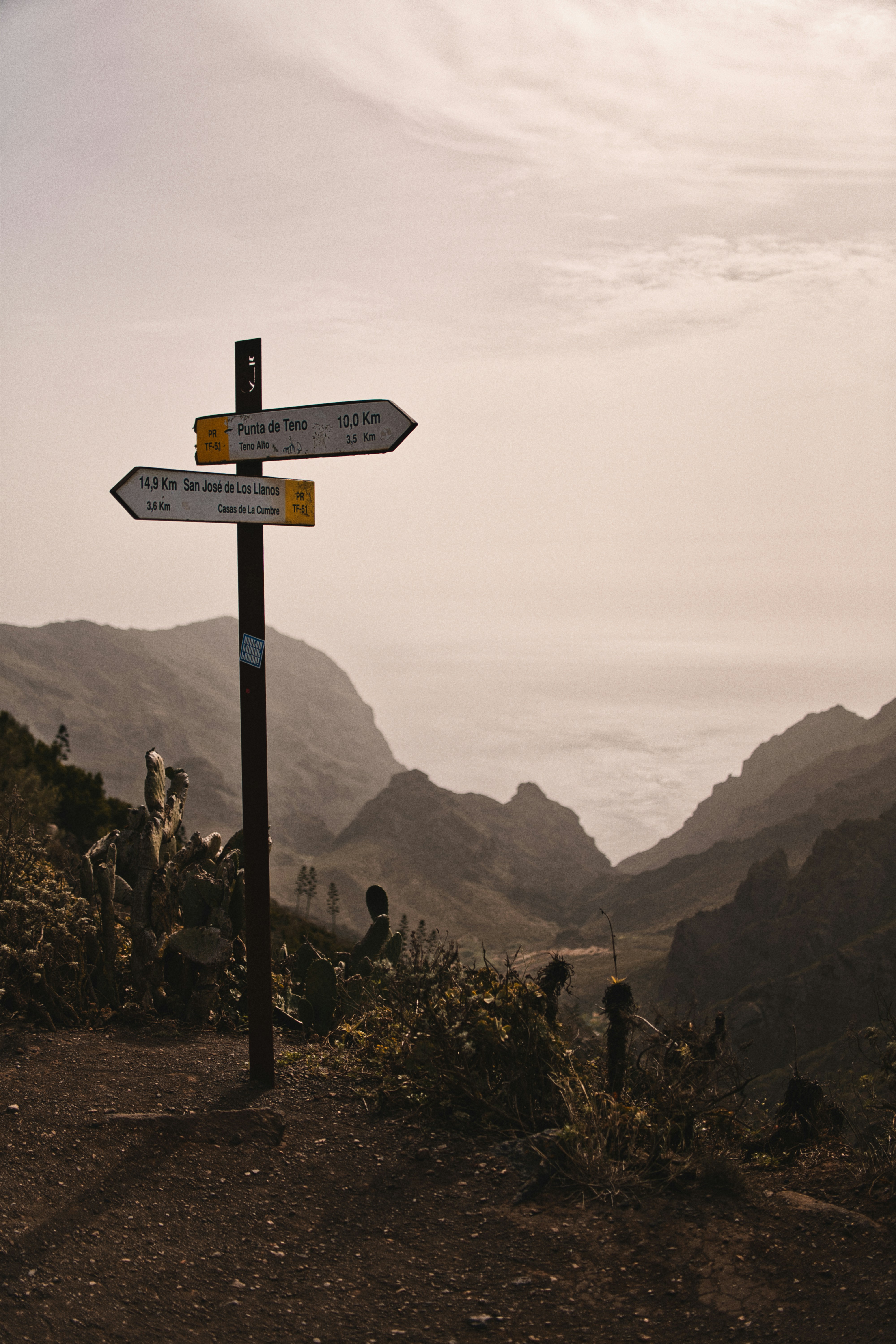Signpost in a mountain valley with distant ocean view