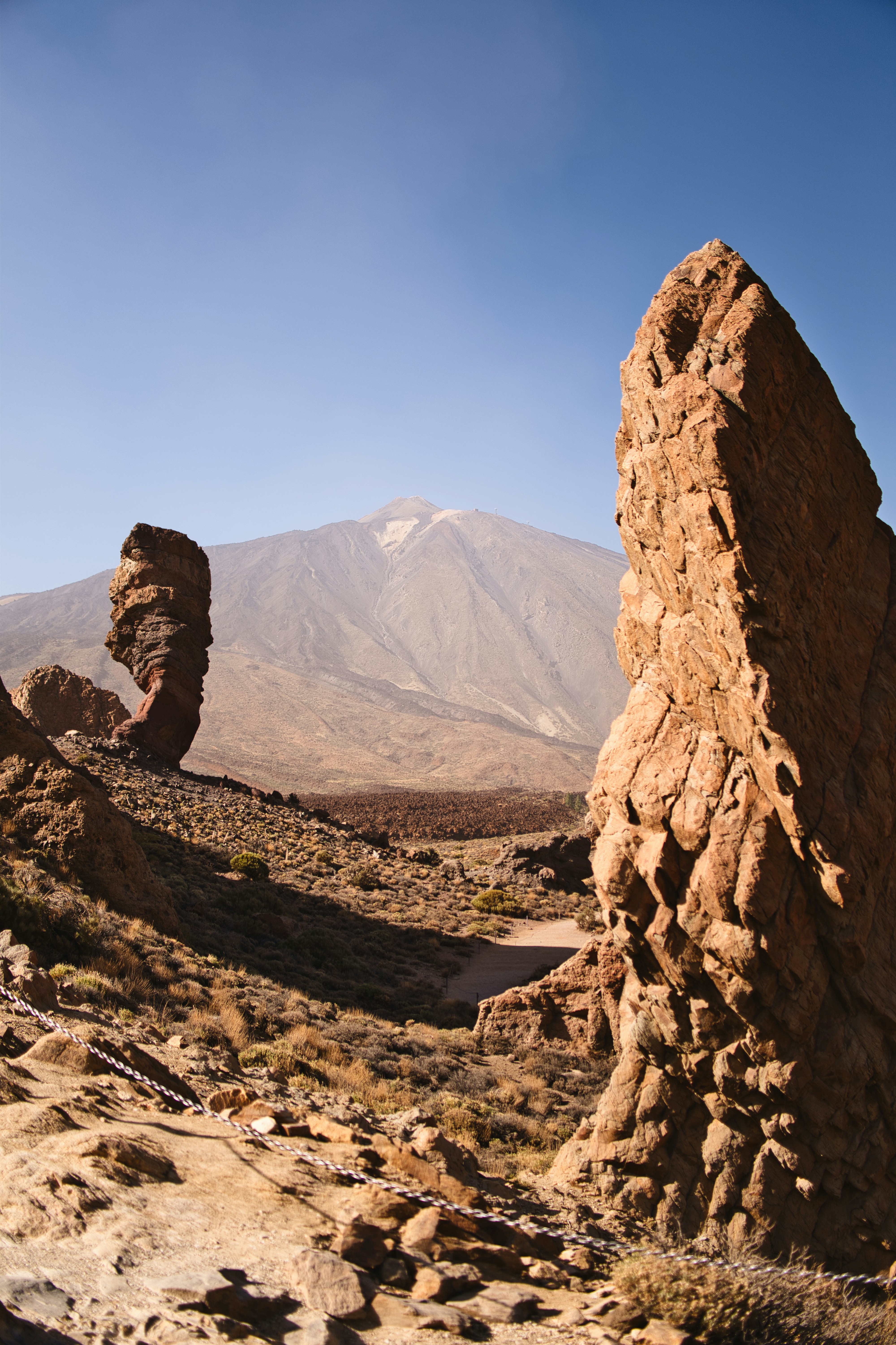 Tall rock formations in a desert landscape with mountain.