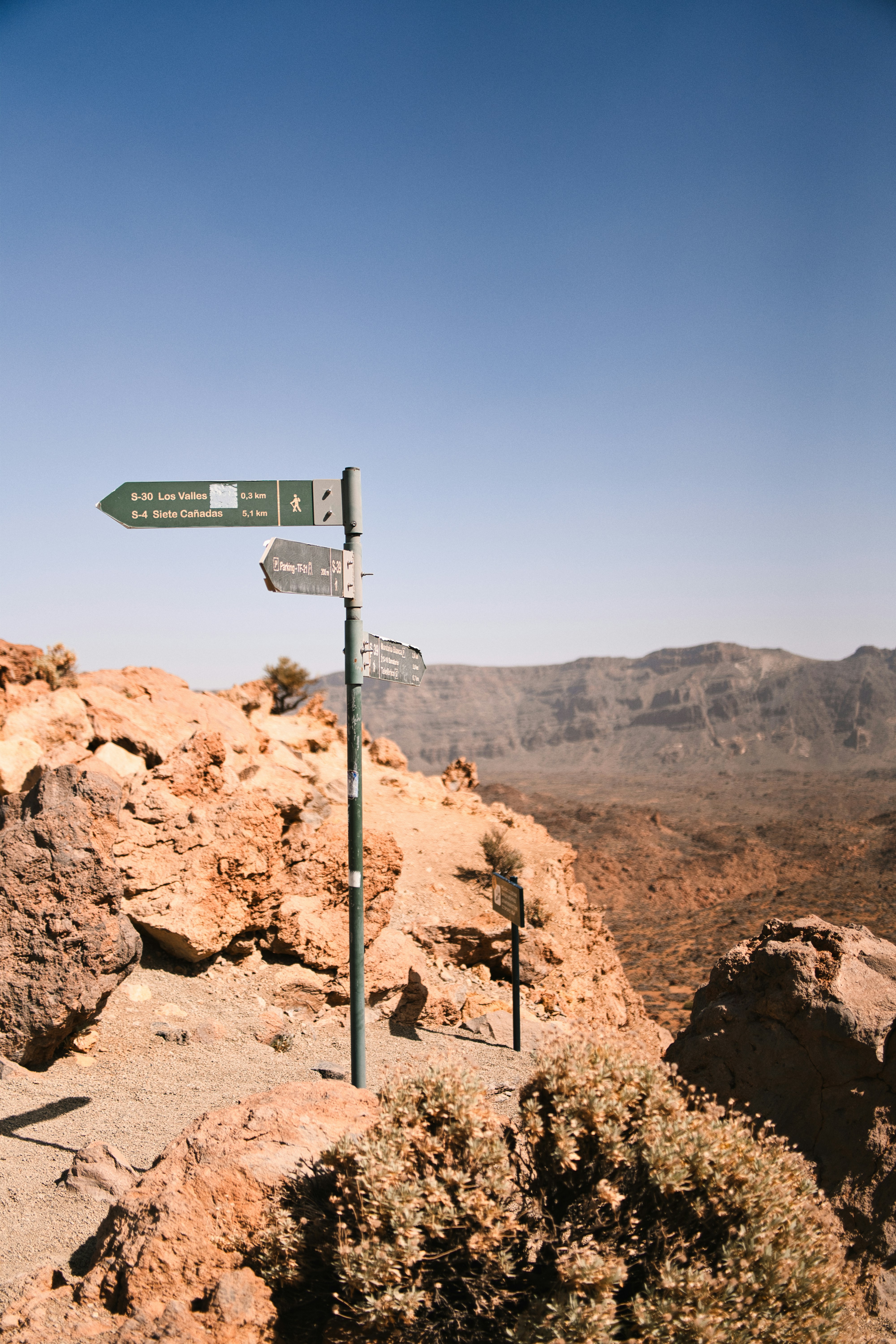 Signpost on rocky terrain with distant mountains