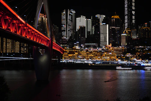 Modern cityscape with illuminated bridge at night