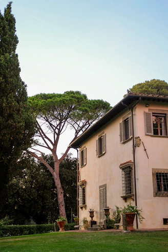 A stucco villa with tall trees and green lawn.