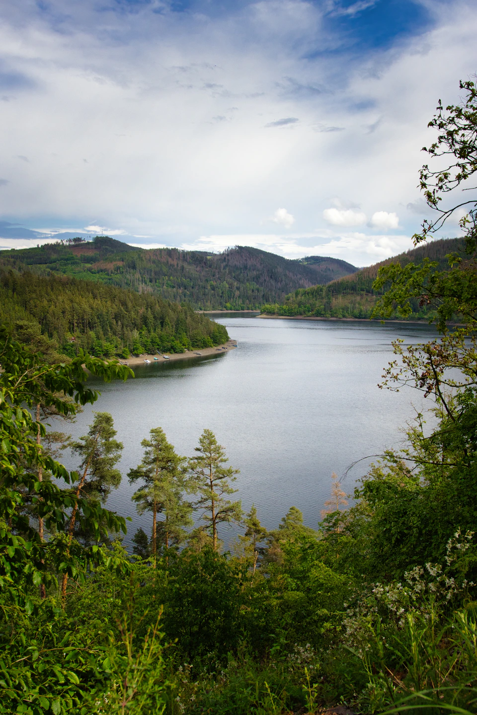 The image depicts a serene lake nestled amidst lush greenery, with a clear blue sky overhead and fluffy white clouds. The calm waters reflect the surrounding trees and mountains, creating a picturesque scene. The perspective is from a high vantage point, providing an expansive view of the landscape below.