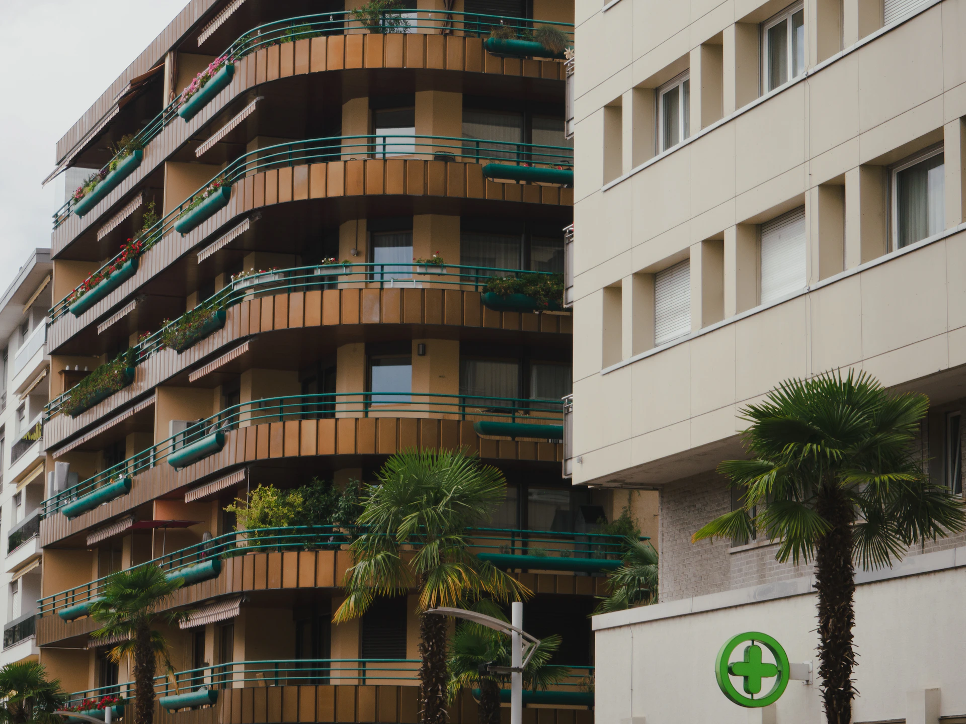 Modern apartment buildings with balconies and palm trees.