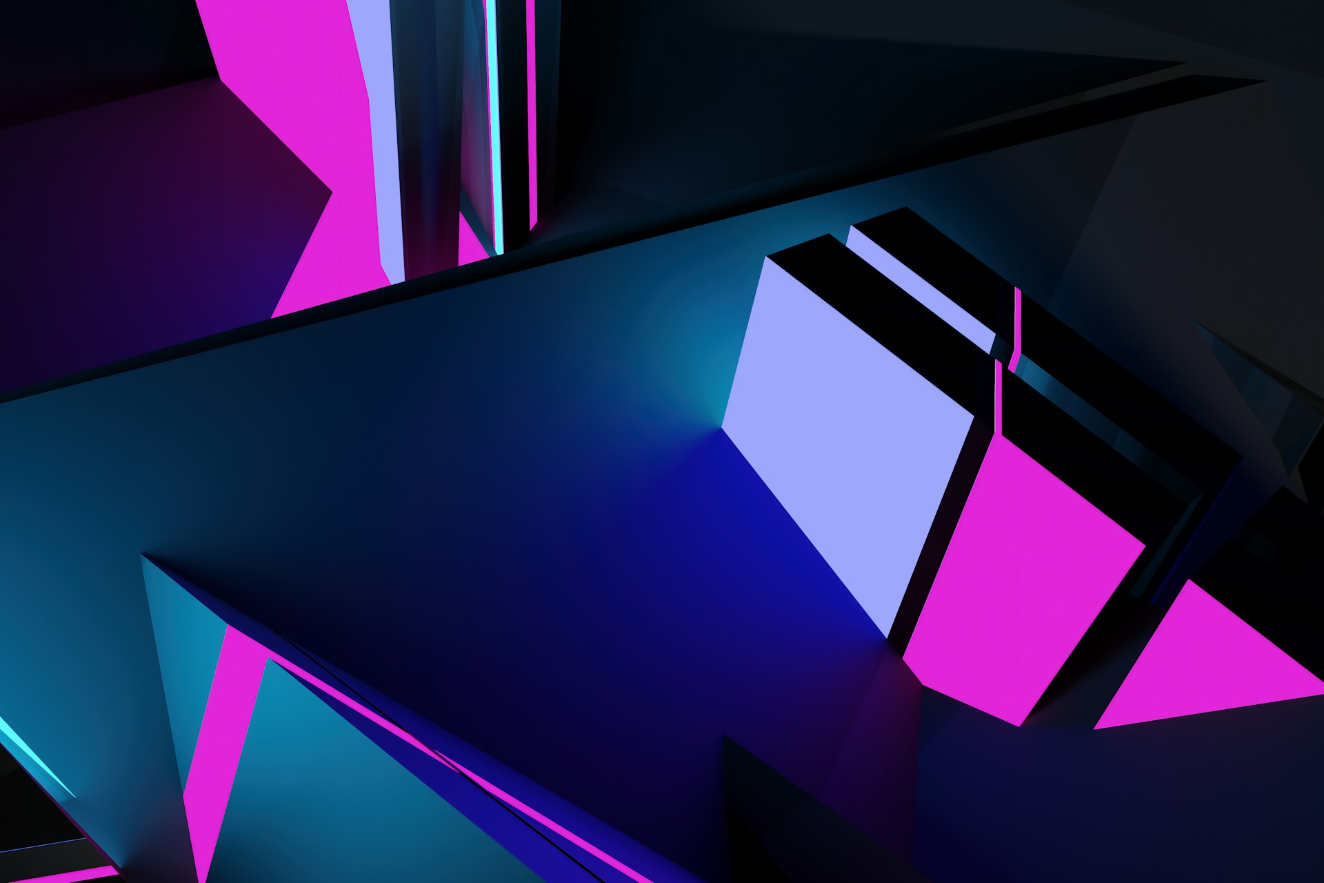 Abstract geometric shapes with neon pink and blue lighting.