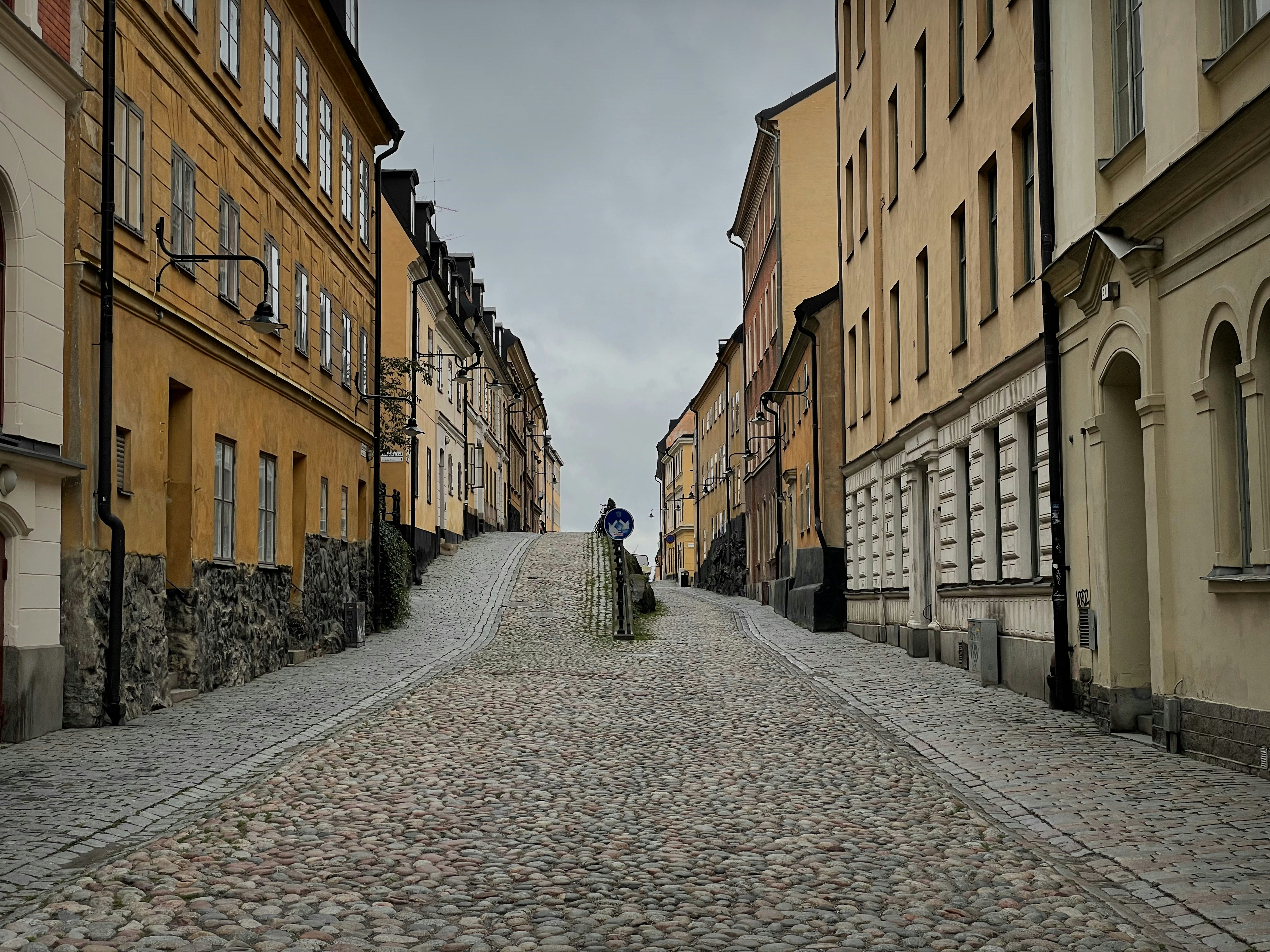 Cobblestone street with old buildings on cloudy day