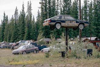 Used car mounted on pole above junkyard