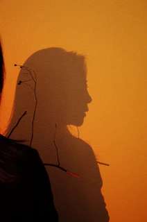 Silhouette of a woman's profile against orange wall