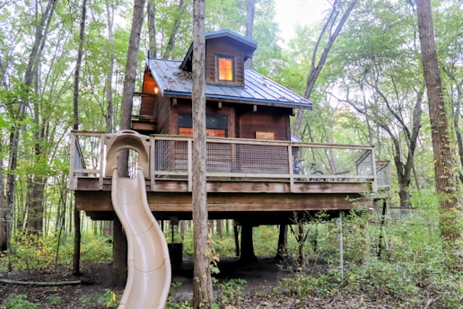 Wooden treehouse with slide in a forest setting.