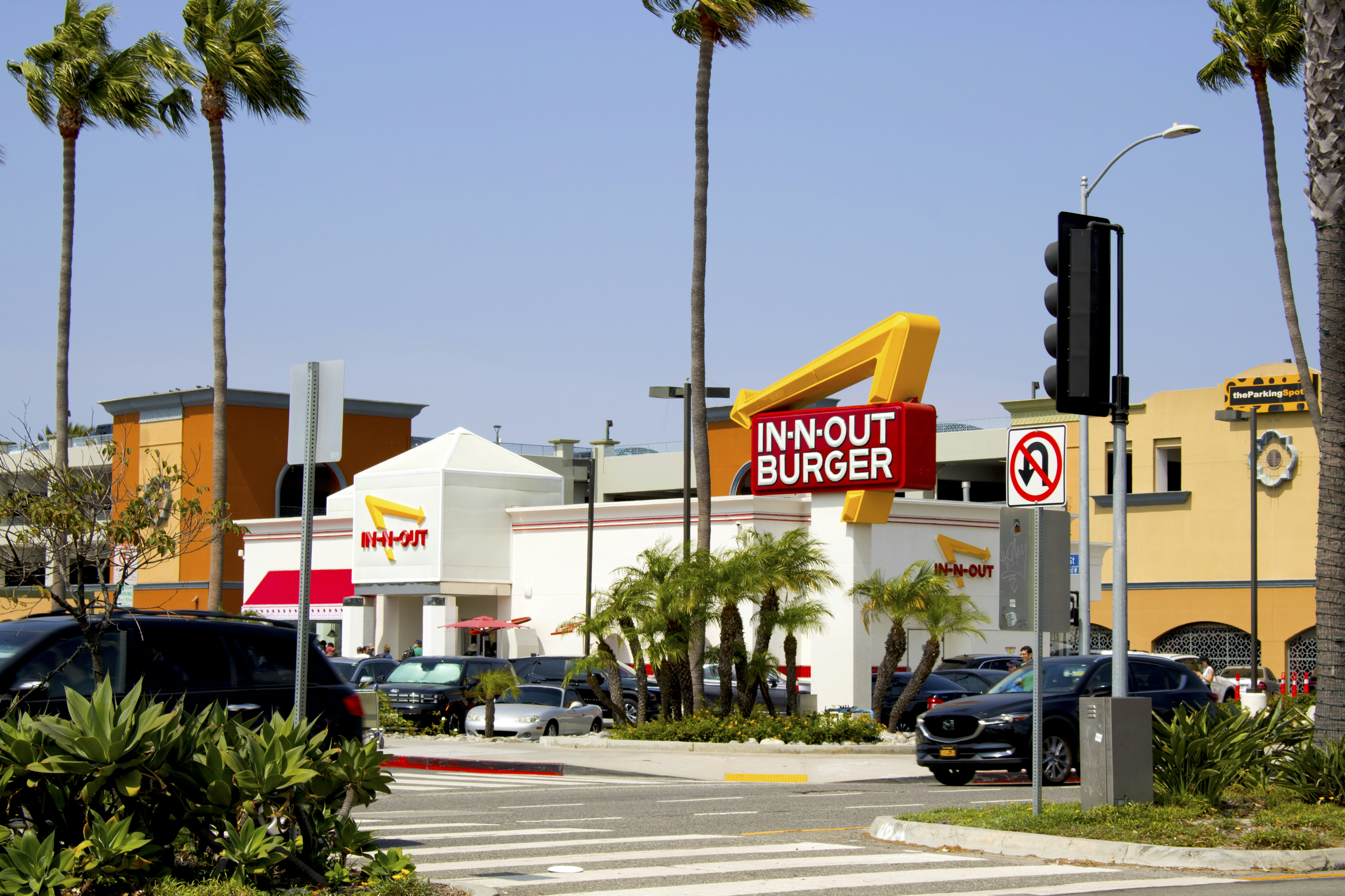 In-n-out burger restaurant with palm trees and cars.