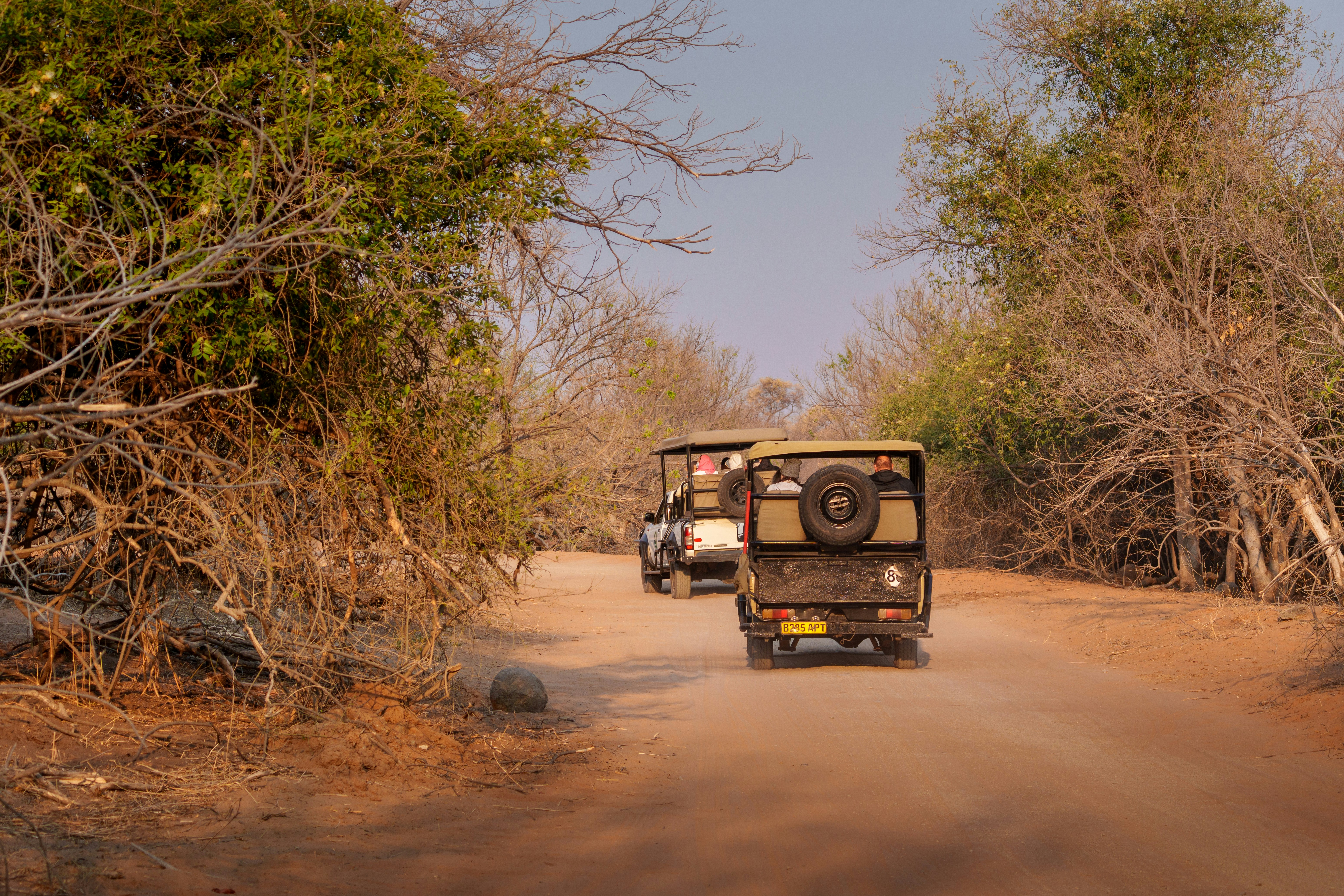 Two open-top vehicles on a dusty road.