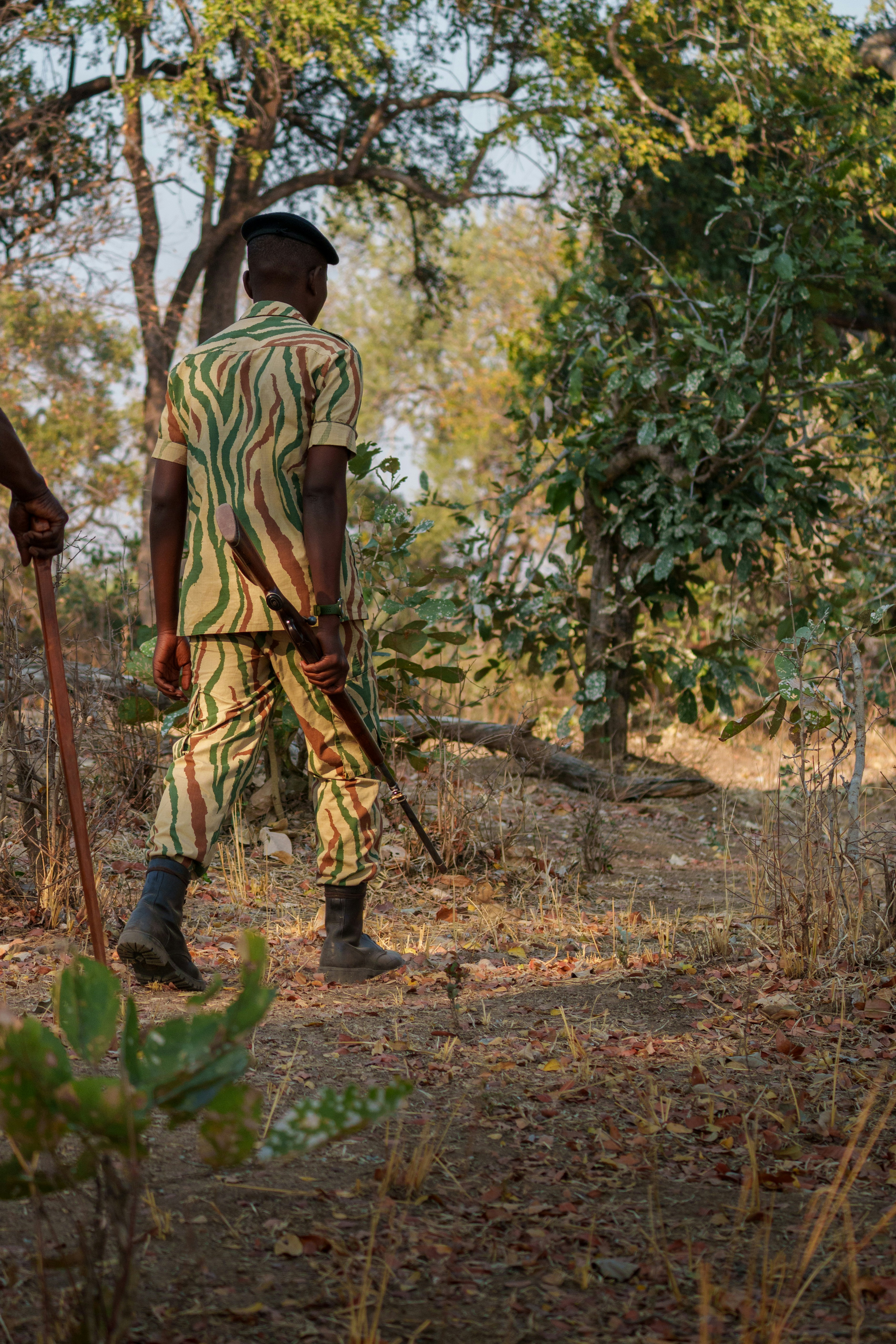 Ranger in camouflage uniform walks through dry brush.