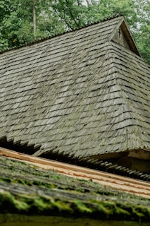 Weathered wooden roof shingles with moss and greenery