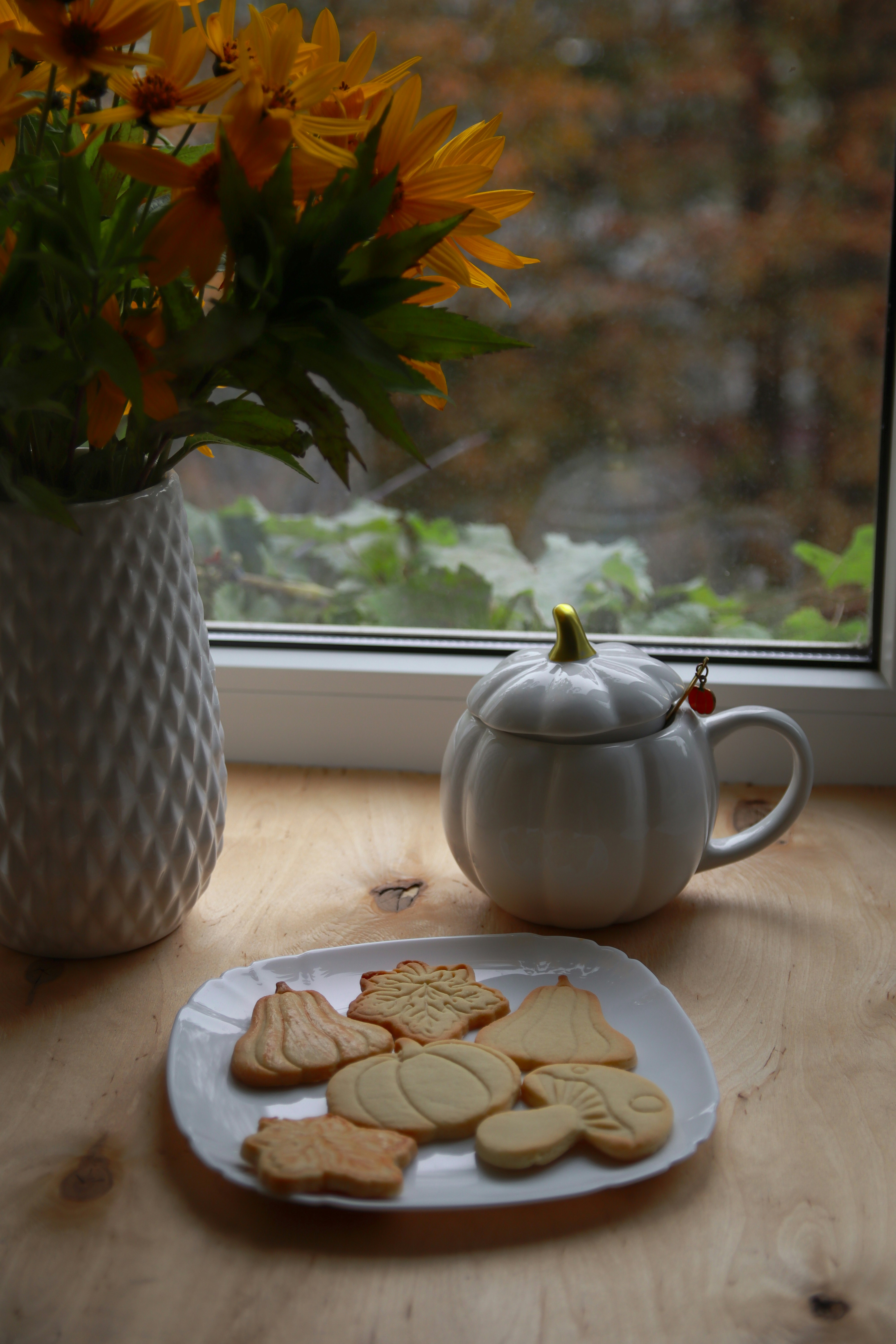 Pumpkin cookies and sunflowers by the window.