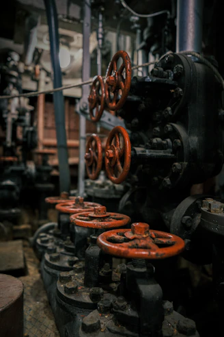 Row of industrial valves with red wheels