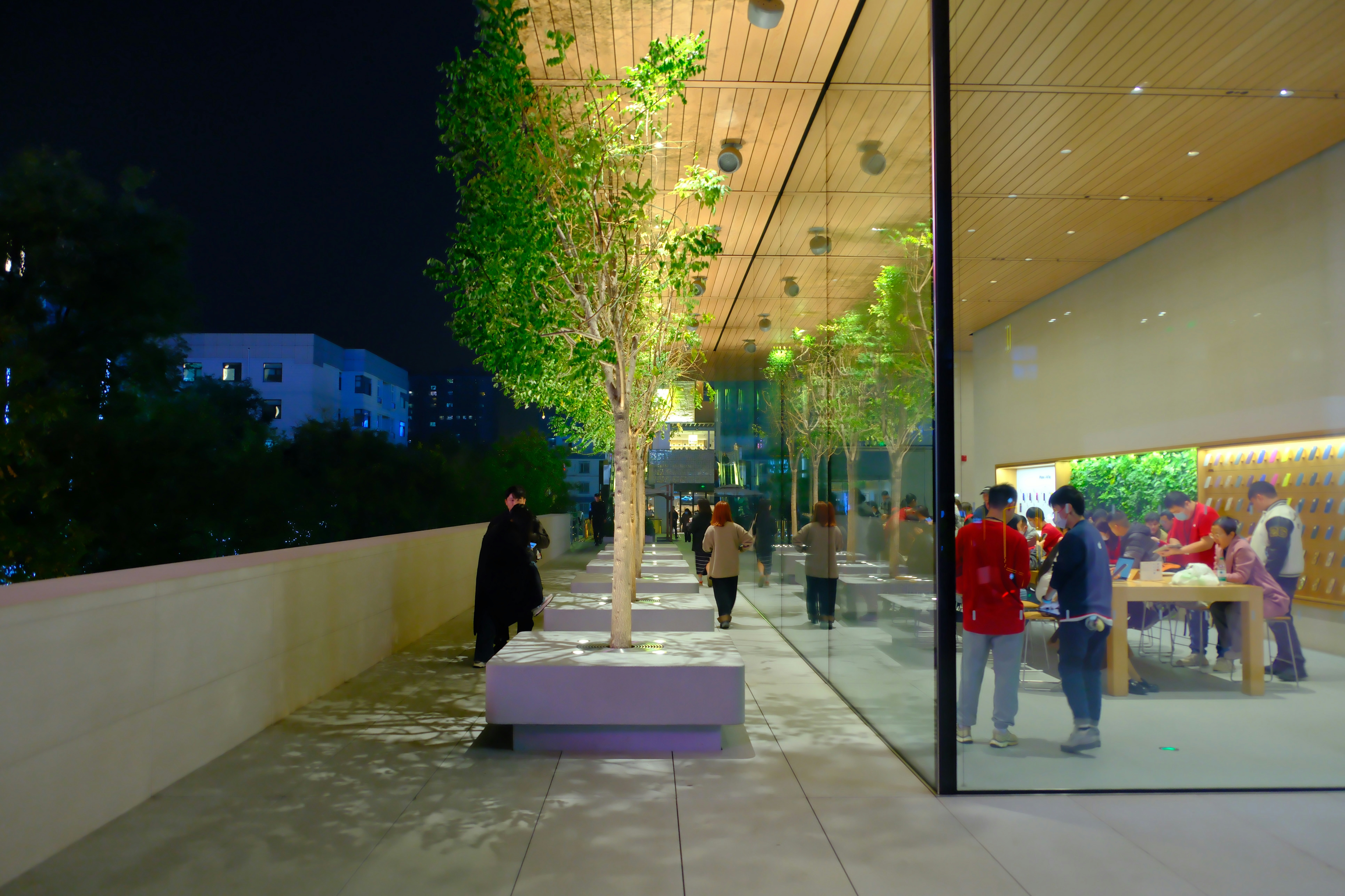 Modern building with trees and people at night.