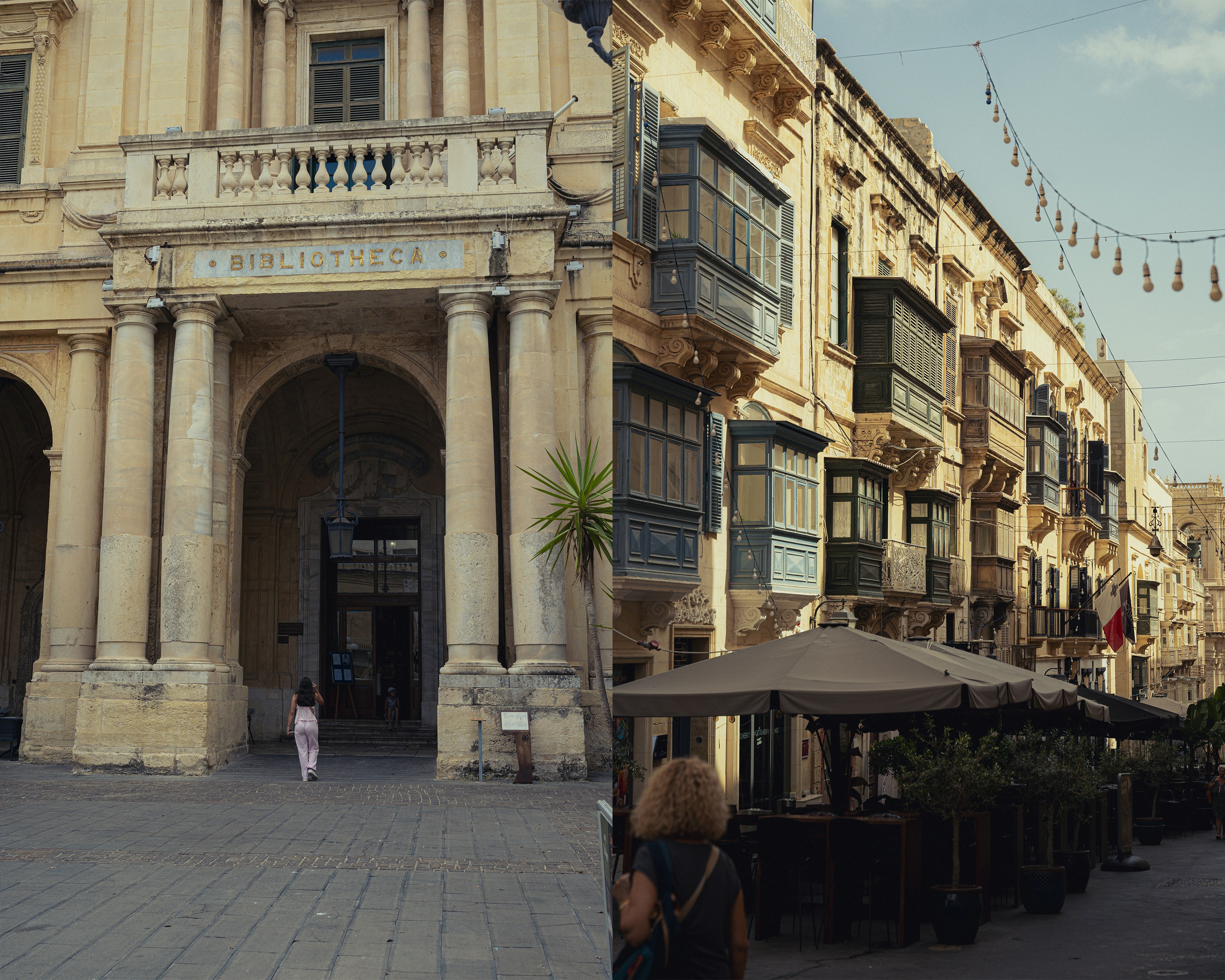 Storica strada europea con balconi decorati e posti a sedere da caffè.