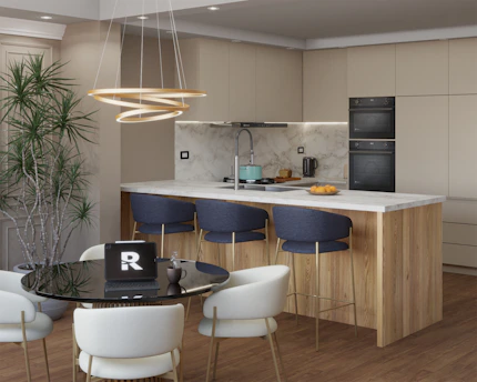 Modern kitchen with island and dining area.