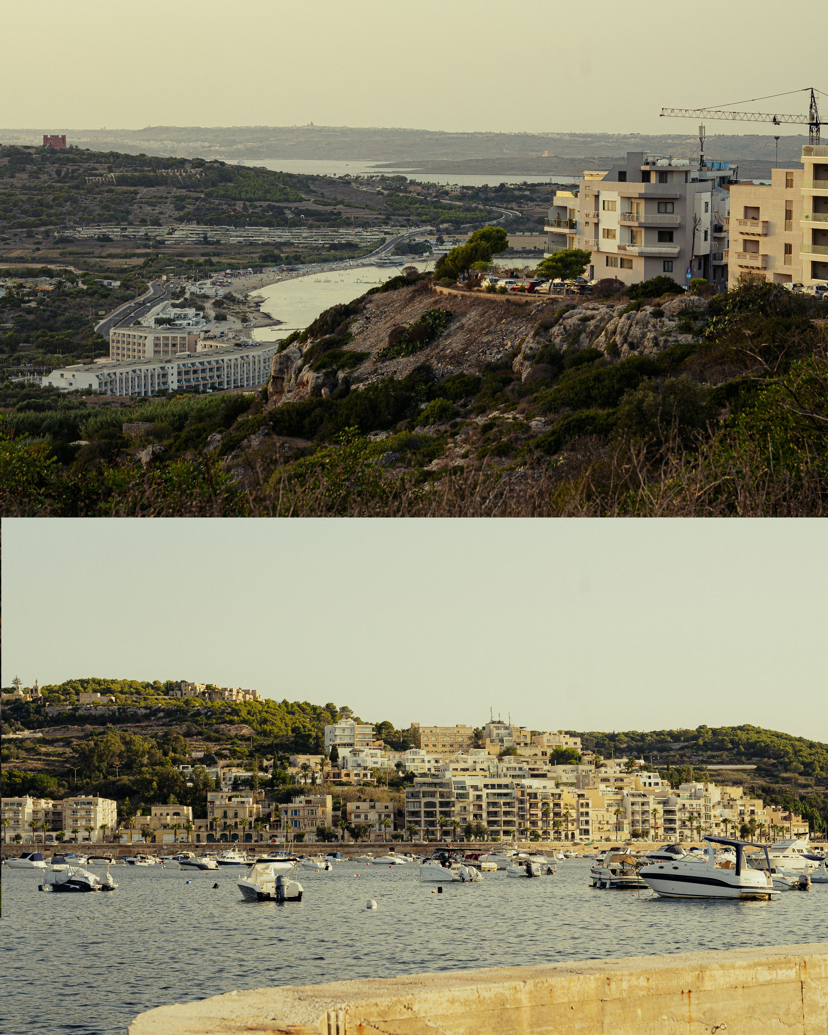 Città costiera con barche nel porto.