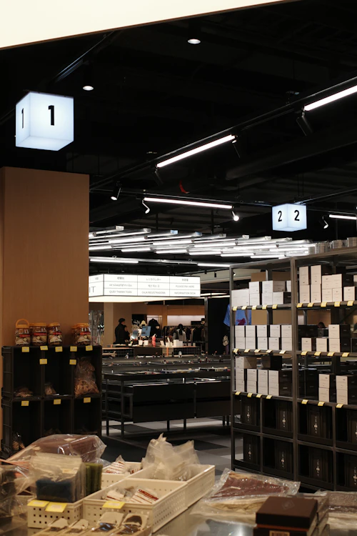 Modern retail store interior with aisle signage