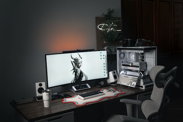 Modern computer setup with large monitor and gaming chair.