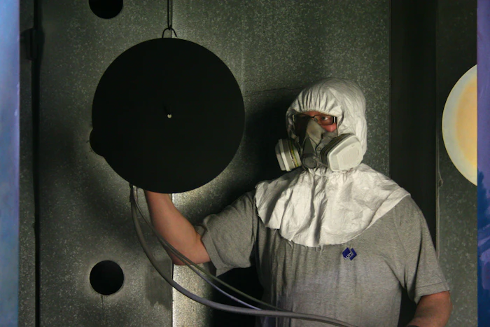 Technician in protective gear handling a test specimen