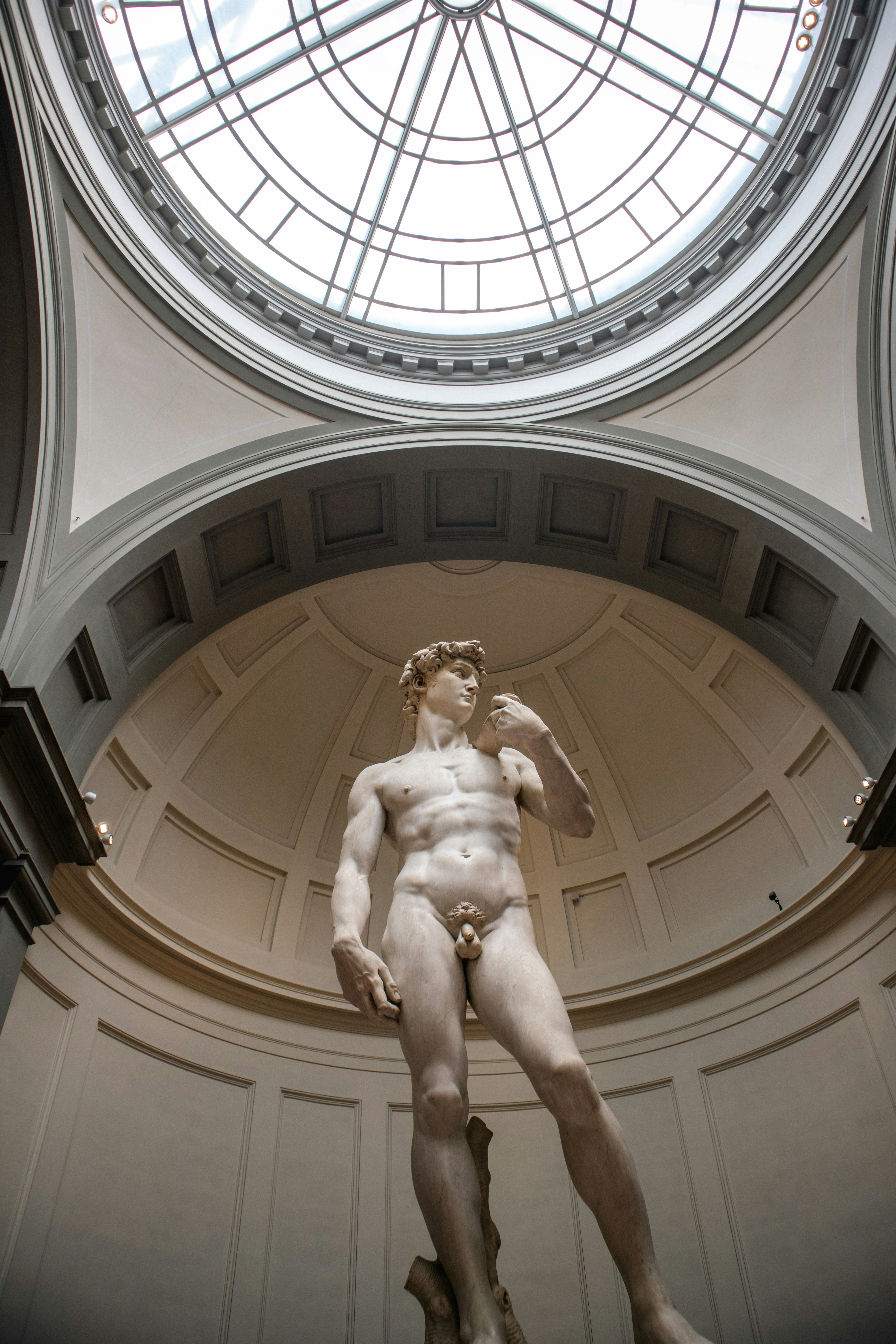 Marble statue of david under a domed ceiling