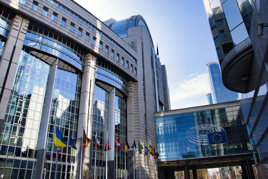 European Parliament building with EU flags