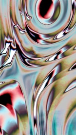 Abstract swirling patterns with metallic and pastel colors.