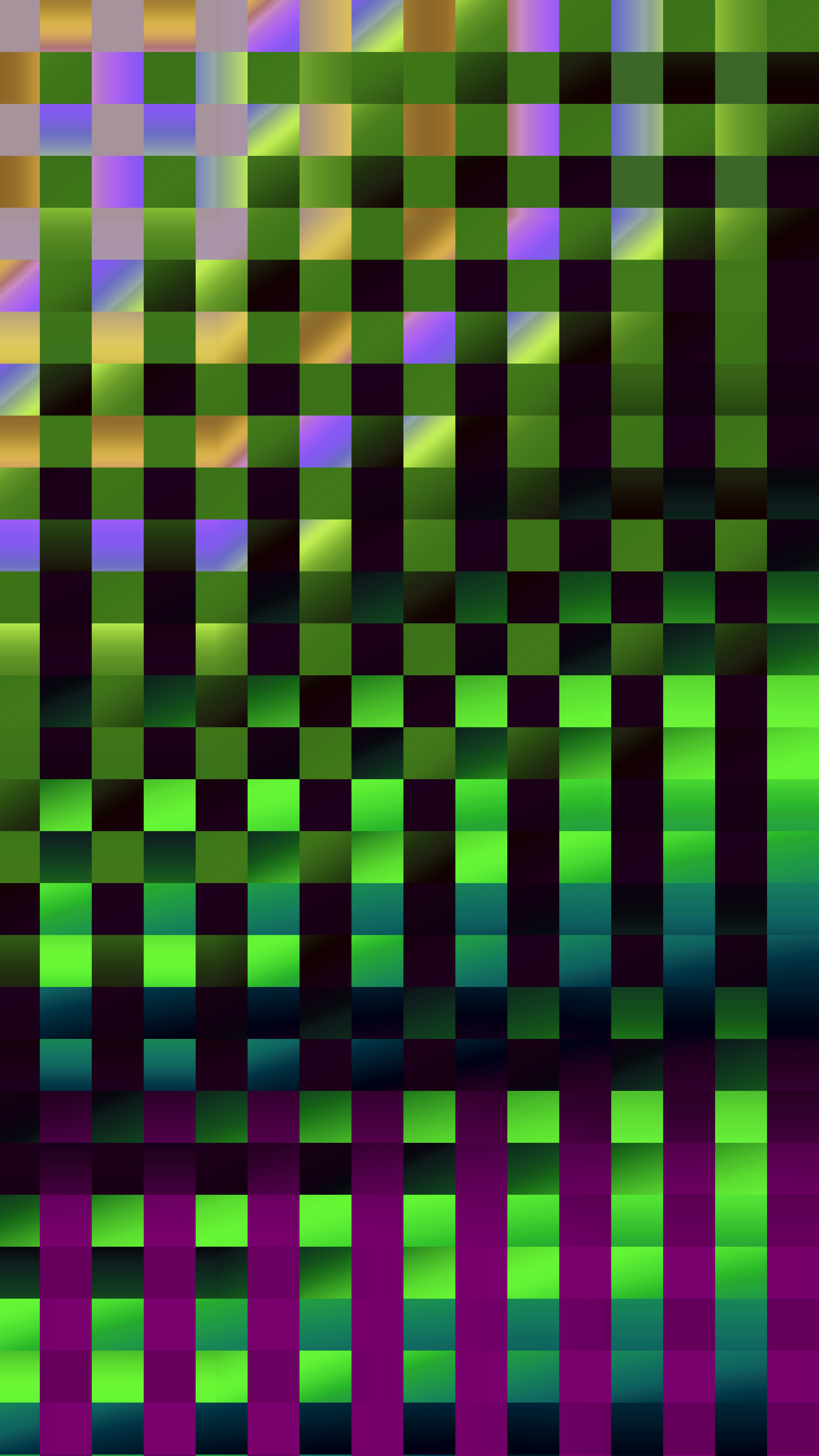 Abstract pattern of green, purple, and gold squares