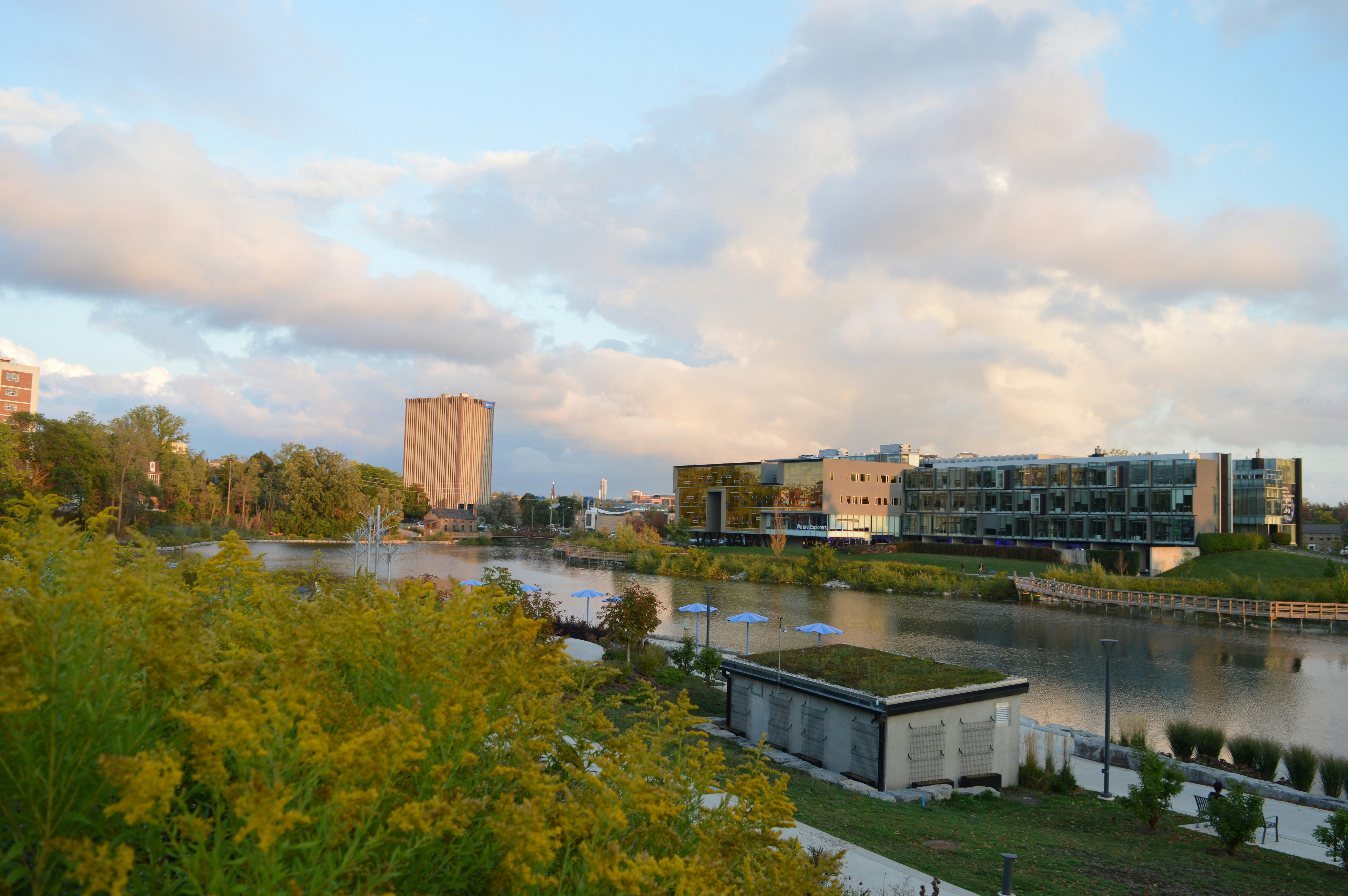 Overlooking Silver Lake in Waterloo Park, Ontario, Canada, with the Perimeter Institute and Marsland Centre in the backdrop.