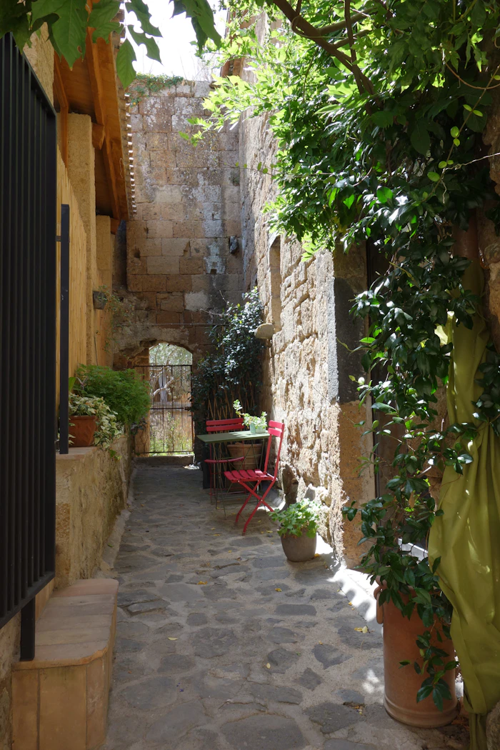 Stone alleyway with chairs and a table under greenery