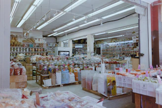 Interior of a well-stocked grocery store with aisles of goods.