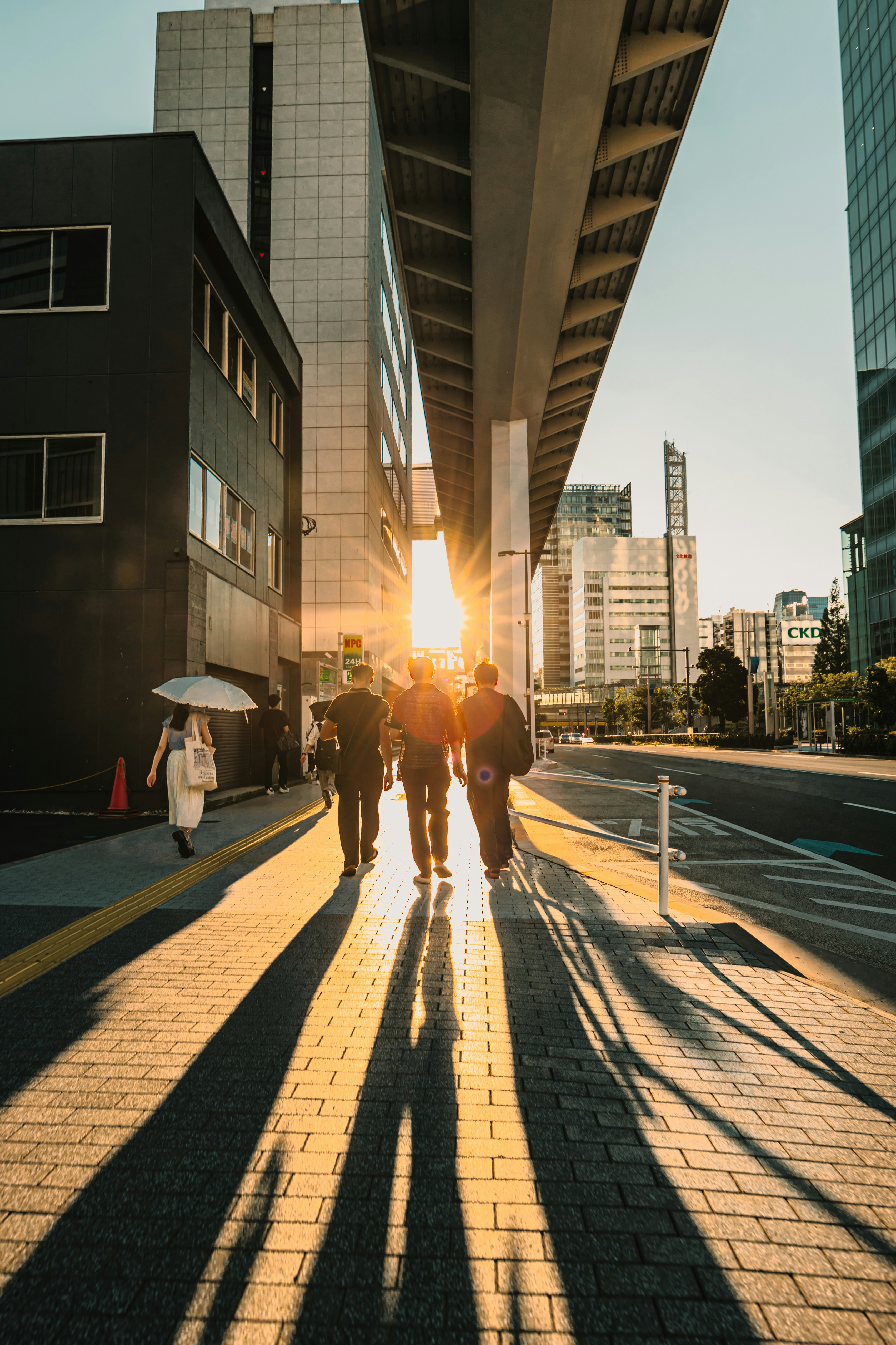 People walking on sidewalk during sunset with long shadows.