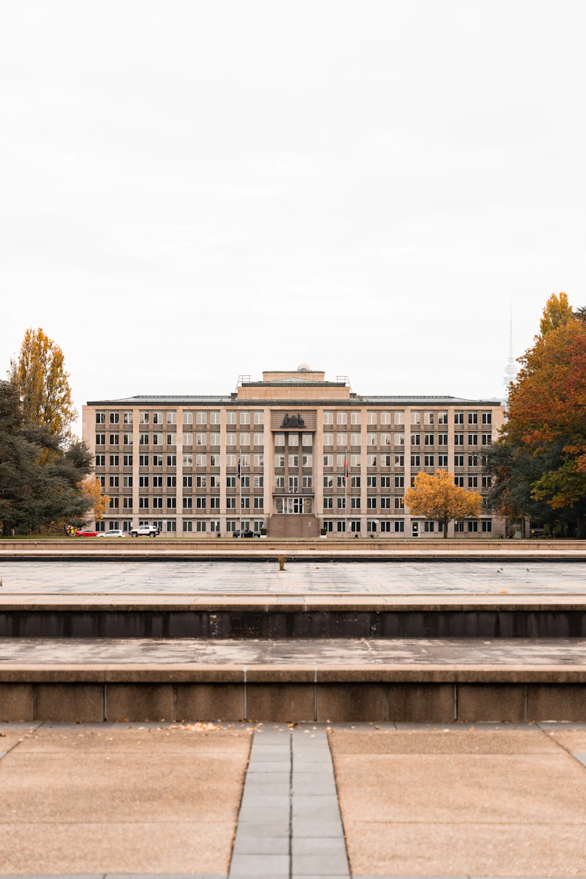 Canberra civic architecture framed by autumn trees