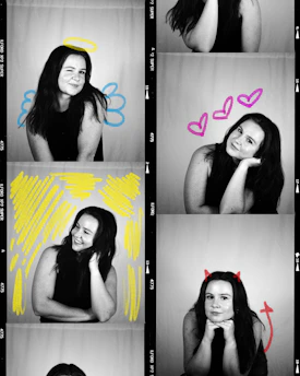 Woman with devil and angel drawings in photo booth strip