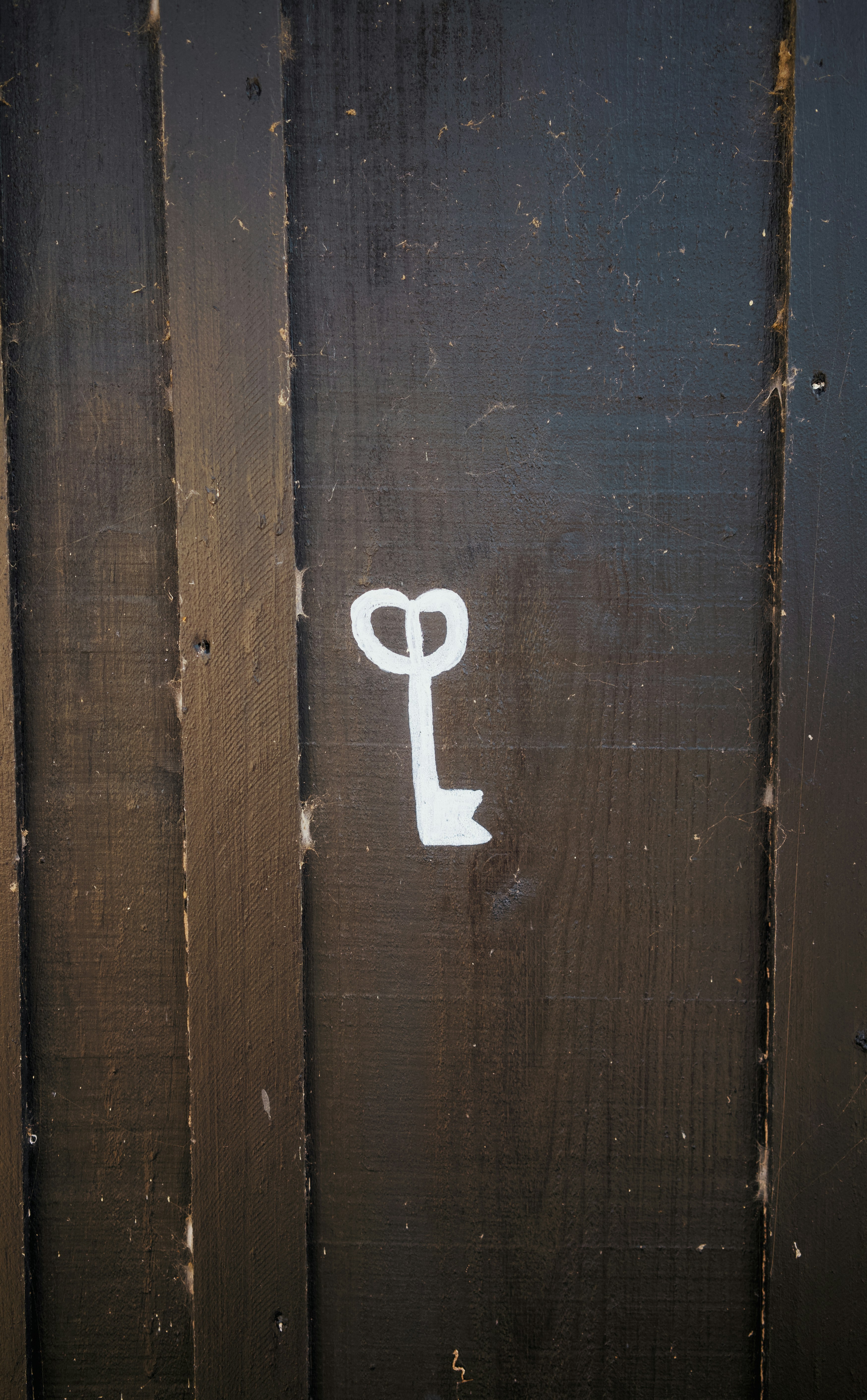Ein weißes Schlüsselsymbol auf dunklem Holzhintergrund.