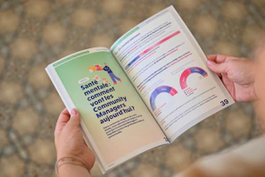 Person holding an open booklet with text and charts.