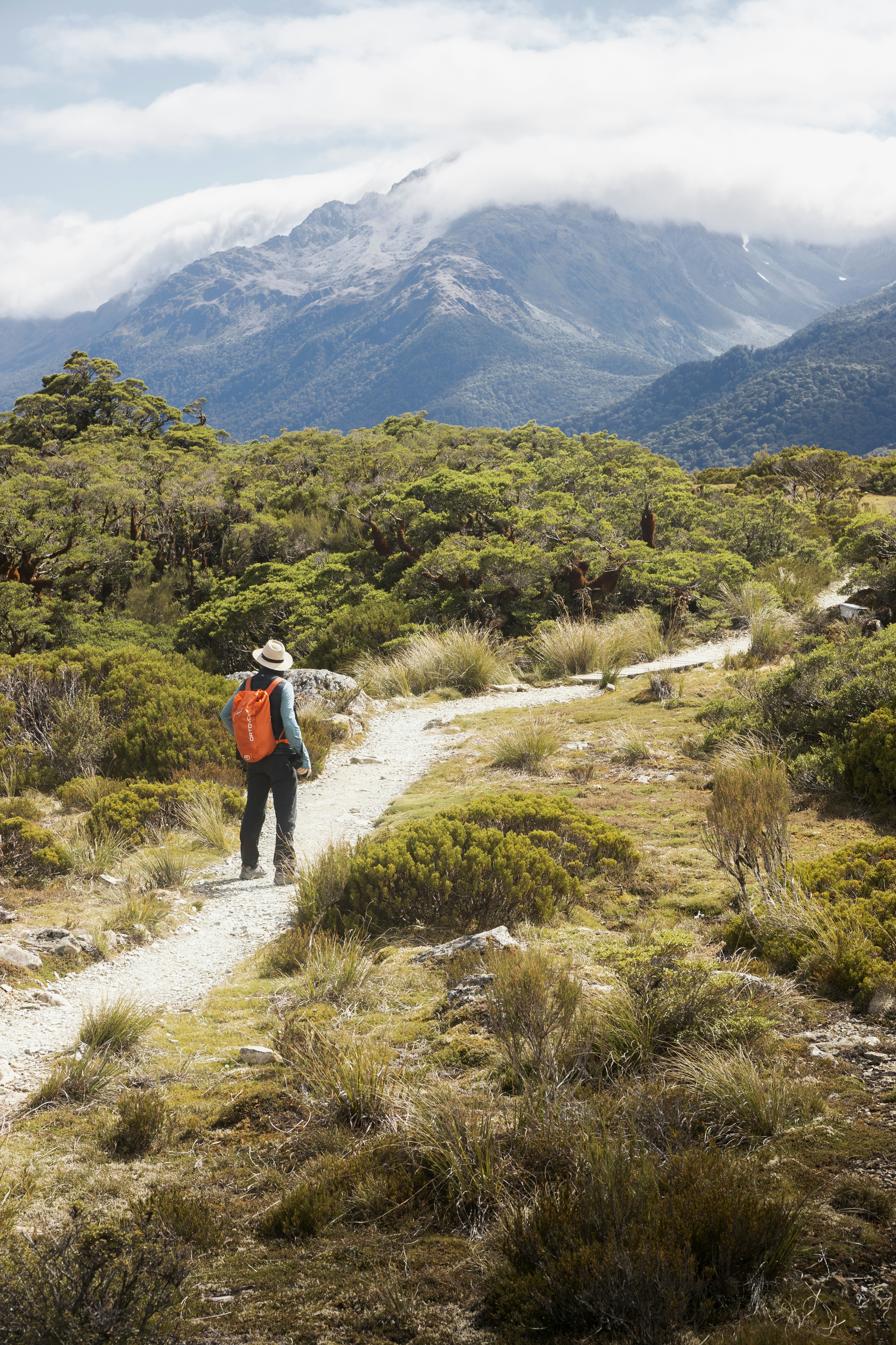 Hiker with an orange backpack on a mountain trail