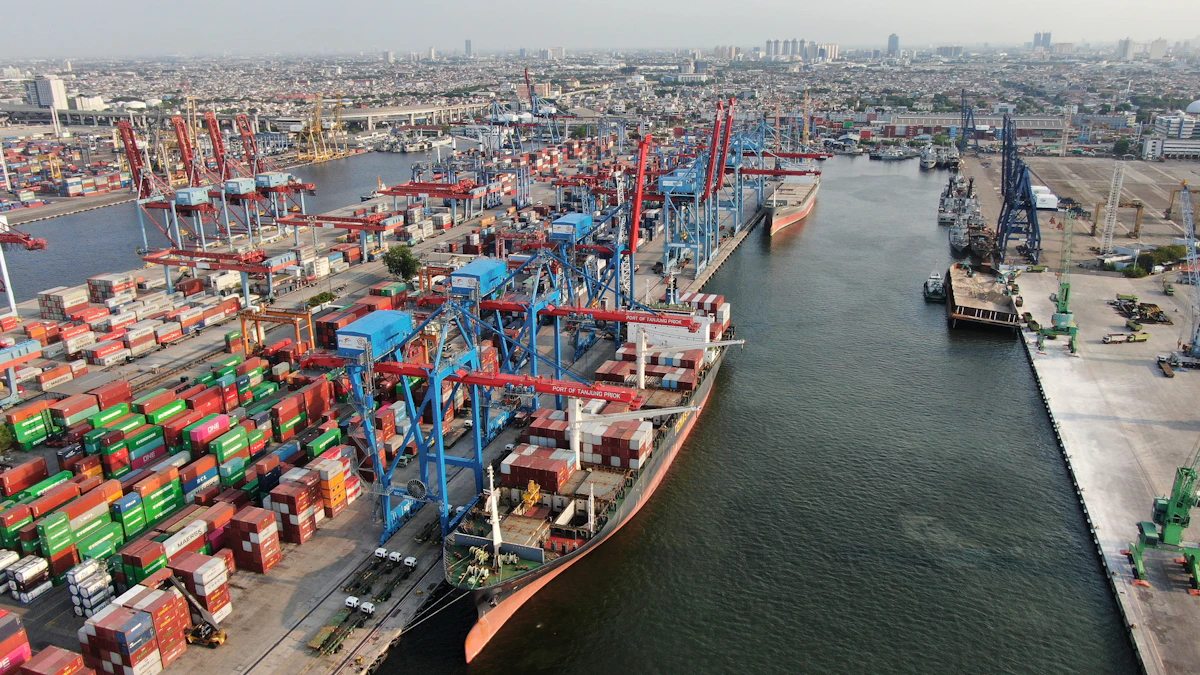 Busy shipping port with multiple cranes loading cargo containers onto vessels