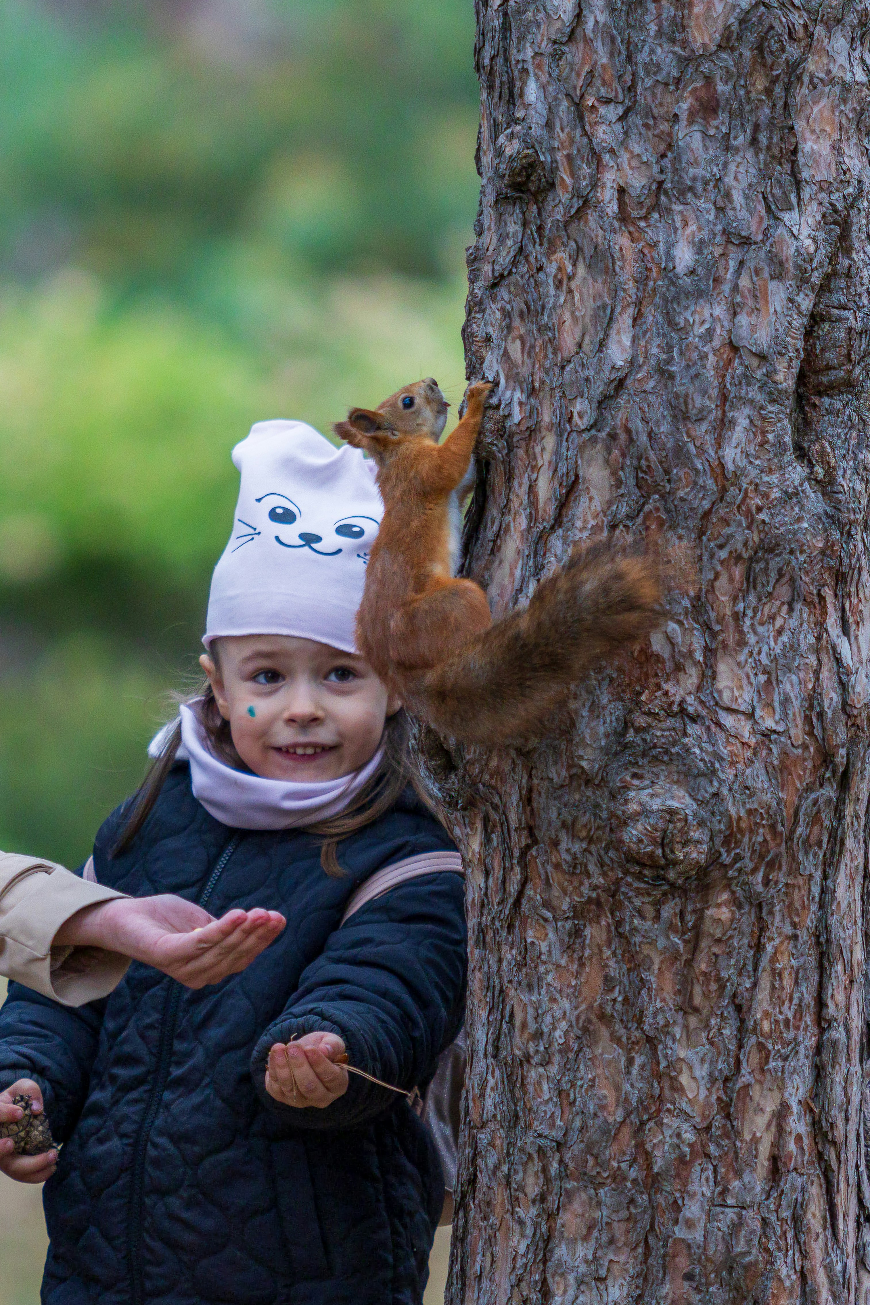 Girl feeding a squirrel climbing a tree.