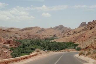 Winding road through arid desert landscape with greenery.