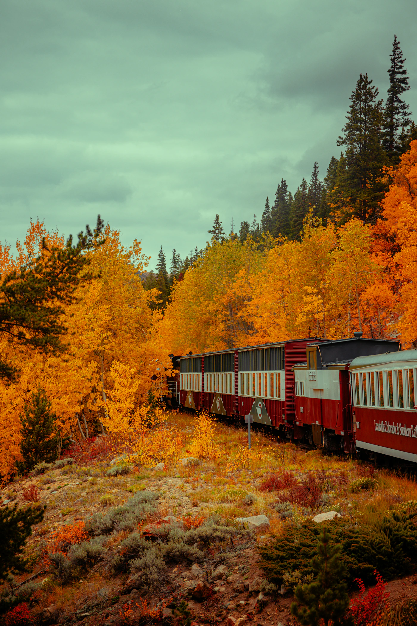 Vintage passenger train traveling through colorful autumn forest representing Lehigh Gorge Scenic Railway