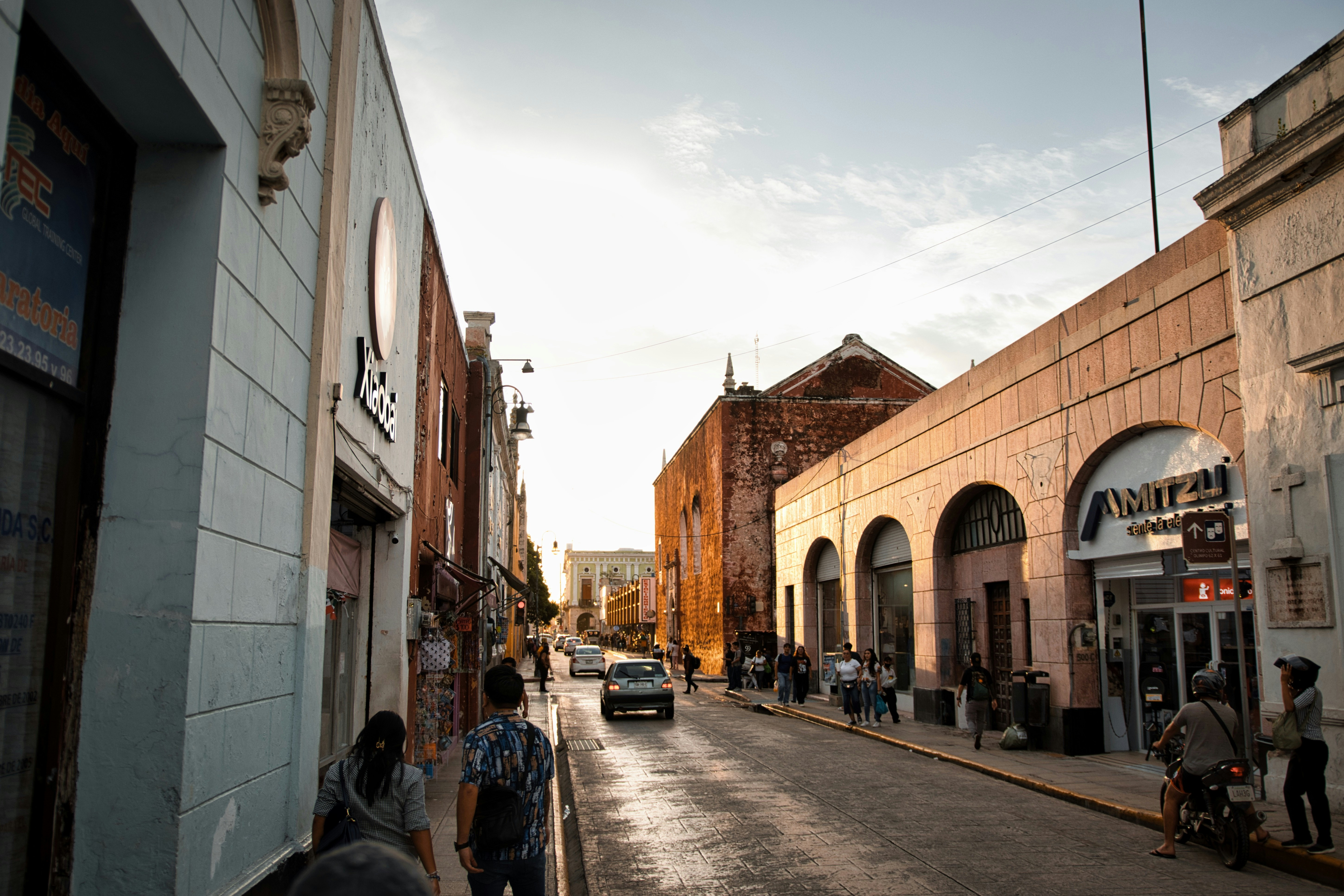 Street scene in a historic town at sunset