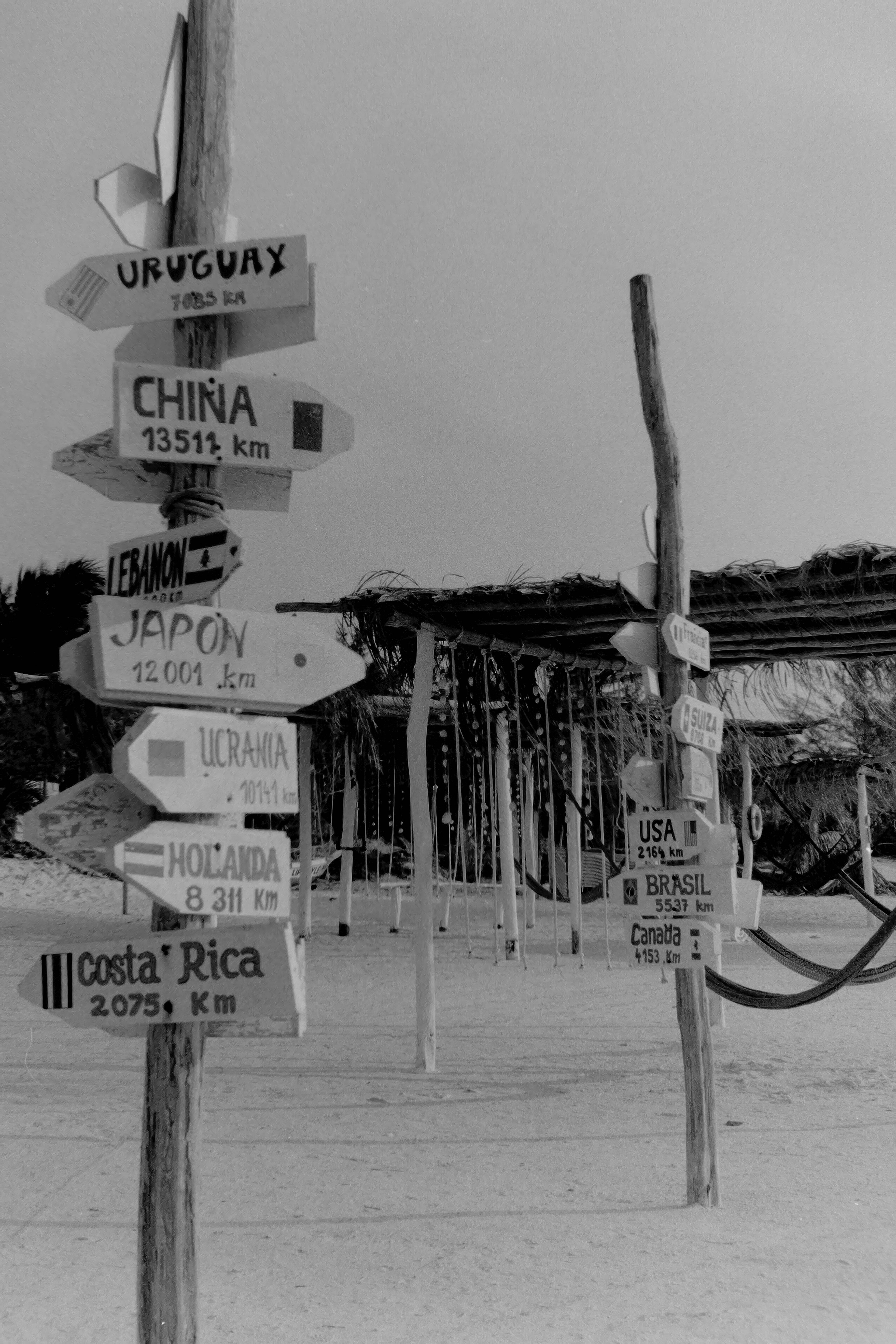 Directional signs point to various countries and distances.