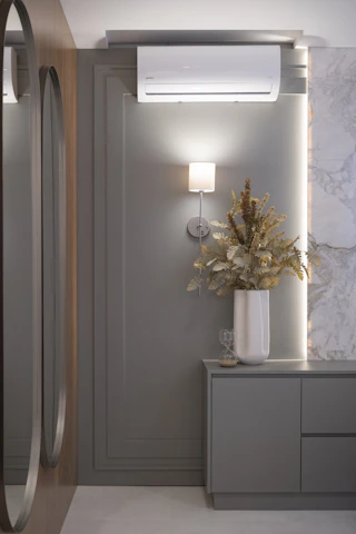 Modern entryway with mirrors and dried floral arrangement.