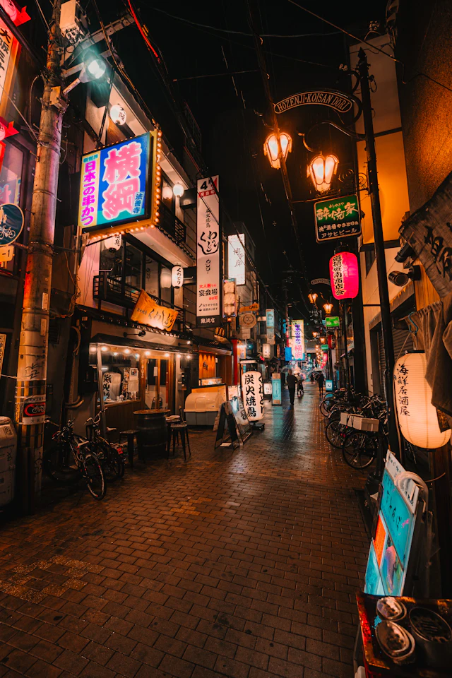 A narrow lantern-lit backstreet alley with hanging red lanterns, izakaya signage and parked bicycles, typical of Hozenji Yokocho's dining lane.