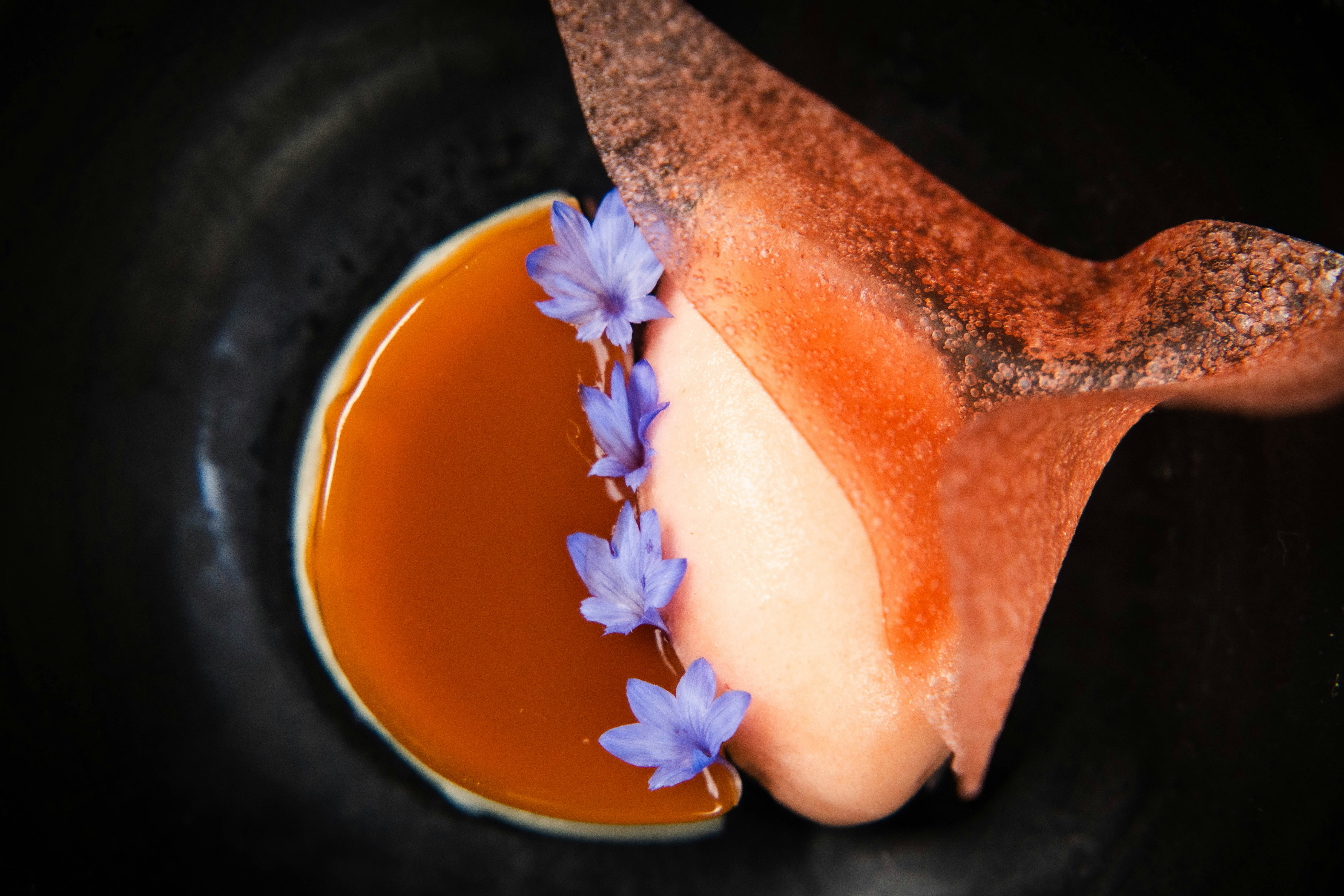 Gourmet dessert with caramel sauce and edible flowers