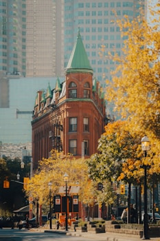 Historic building surrounded by autumn trees in a city.