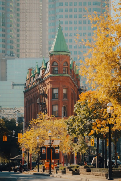 Historic building surrounded by autumn trees in a city.