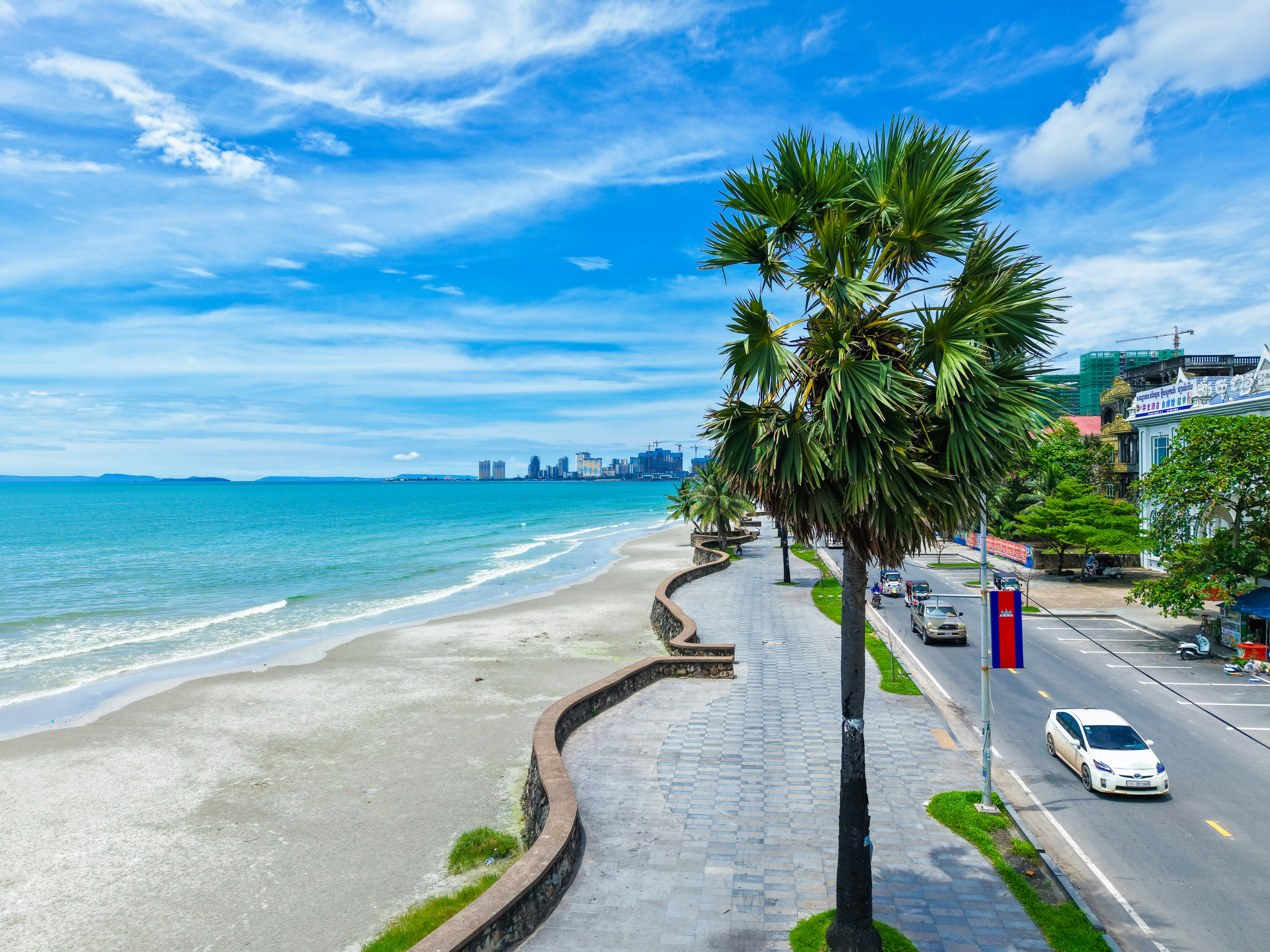 Palm trees line a scenic coastal road with ocean views.